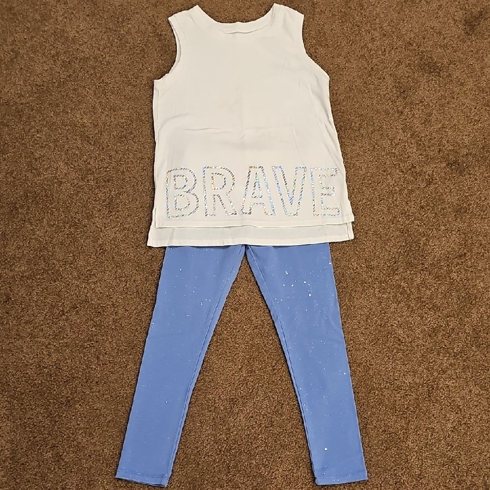 White 'BRAVE' Tank Top and Blue Leggings Set